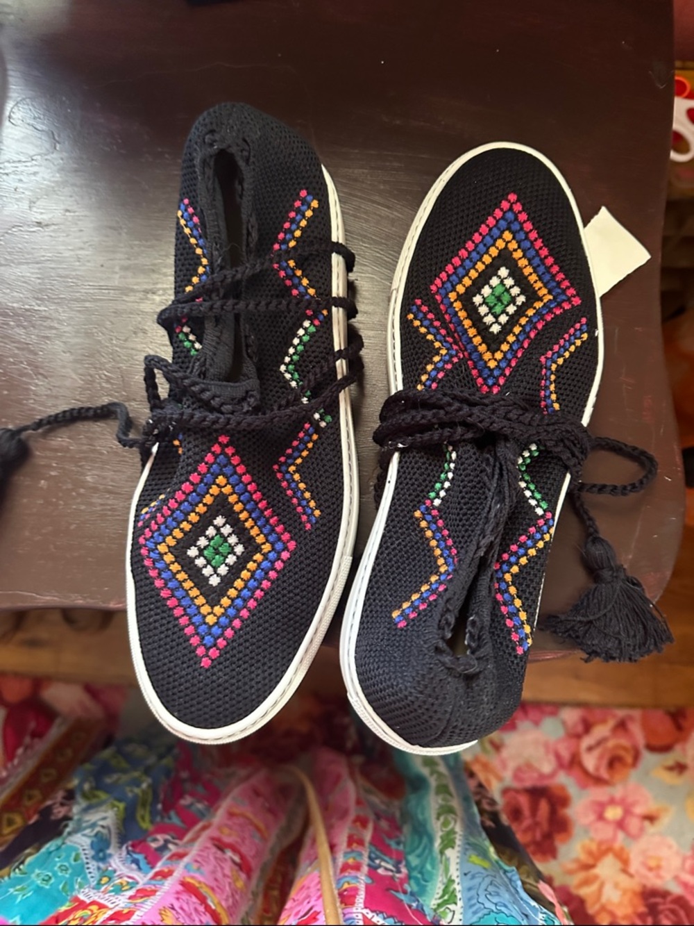 Tamara Mellon Black Knit Slip-On Sneakers with Multicolor Diamond Embroidery